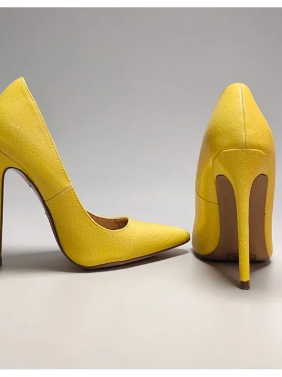 Yellow High Heel Pumps With Faux Snakeskin Texture & Pointed Toe Design - Picture 2 of 16